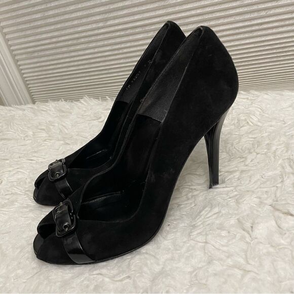 STUART WEITZMAN BLACK HIGH HEEL BUCKLE LEATHER PEEP TOE PUMPS SZ 9 M - Picture 5 of 9